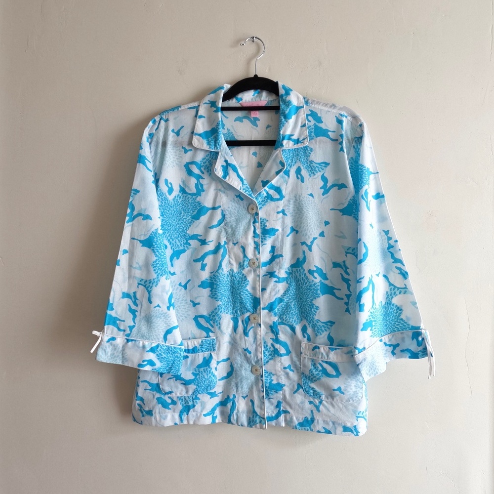 Lilly‎ Pulitzer Blue White Floral Mother-Of-Pearl Button up Shirt Womens Large